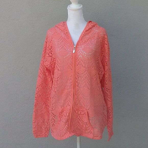 Charlie Paige Womens Jacket Size L-XL Open Weave Melon-Peach Hooded Zipper - Picture 4 of 4